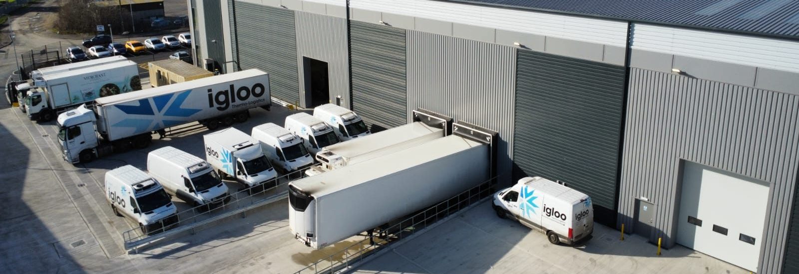 Aerial view of Igloo's Leeds depot with artic, rigids and vans at the loading doors