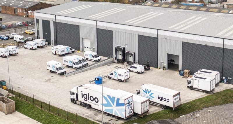 Aerial view of Igloo's Leeds depot, with artics, rigids and vans in the yard